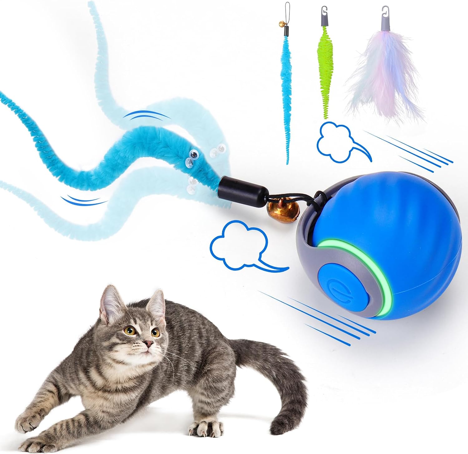 71oKBm-Ob-L._AC_SL1500_.jpg Interactive Cat Toy Ball - Automatic Interactive Cat Toys for Indoor Cats with 3 Tails, 2 Speeds Rechargeable Cat Enrichment Toys for Small/Medium/Large Cats to Keep Them Busy(Blue) - Image 1