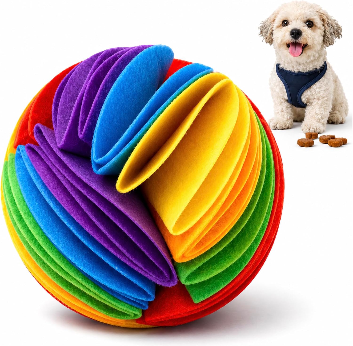 81Pxo8-j32L._AC_SL1500_.jpg Medium Folding Treat Puzzle Ball for Dogs for Boredom Relief, Slow Feeding, Mental Stimulation and Enrichment, Durable Felt, Rainbow Color - Image 1